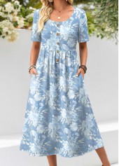 Floral Print Shirred Light Blue Short Sleeve Dress