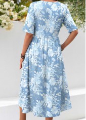 Floral Print Shirred Light Blue Short Sleeve Dress