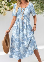 Floral Print Shirred Light Blue Short Sleeve Dress