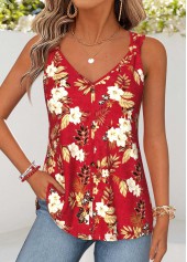 Floral Print Curved Hem Red Sleeveless Tank Top