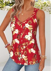 Floral Print Curved Hem Red Sleeveless Tank Top