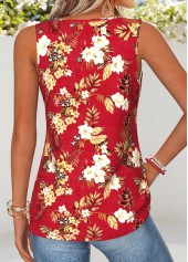 Floral Print Curved Hem Red Sleeveless Tank Top