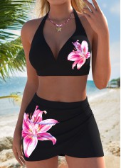 Mid Waisted Floral Print Two-piece Black Bikini Set