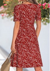Ditsy Floral Print Tuck Stitch Wine Red Dress