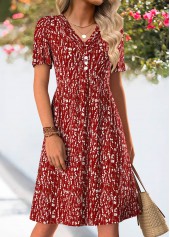 Ditsy Floral Print Tuck Stitch Wine Red Dress