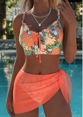 Three-piece Tribal Print Bowknot Coral Bikini Set