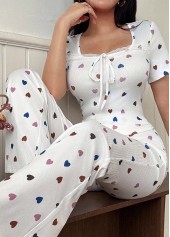 Heart Print White Square Neck Lounge Top and Pants