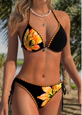 Mid Waisted Floral Print Adjustable Tie Orange Bikini Set