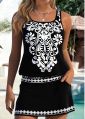 Mid Waisted Tribal Print Tummy Coverage Black Tankini Set