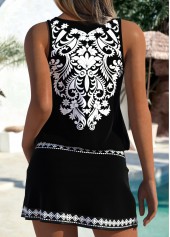 Mid Waisted Tribal Print Tummy Coverage Black Tankini Set