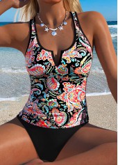 Black Mid Waisted Ruched Paisley Print Tankini Top-No Bottom