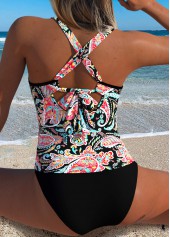 Black Mid Waisted Ruched Paisley Print Tankini Top-No Bottom