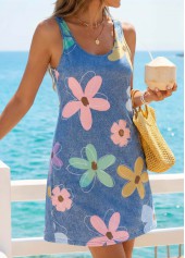 Floral Print Tummy Coverage Denim Blue Short Sleeveless Dress