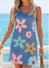 Floral Print Tummy Coverage Denim Blue Short Sleeveless Dress