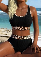 High Waisted Leopard Pull On Black Bikini Set