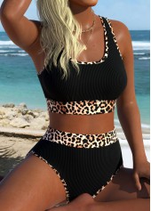 High Waisted Leopard Pull On Black Bikini Set
