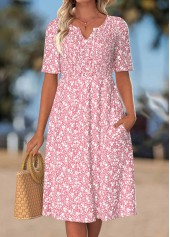 Floral Print Smocked Pink Short Sleeve Split Neck Dress