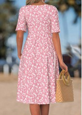 Floral Print Smocked Pink Short Sleeve Split Neck Dress