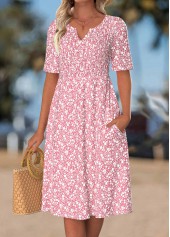 Floral Print Smocked Pink Short Sleeve Split Neck Dress