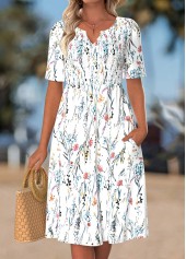 Floral Print Smocked White Short Sleeve Split Neck Dress