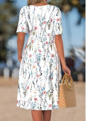 Floral Print Smocked White Short Sleeve Split Neck Dress