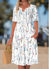 Floral Print Smocked White Short Sleeve Split Neck Dress
