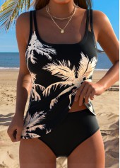 Mid Waisted Tropical Plants Print Curved Hem Tankini Top-No Bottom