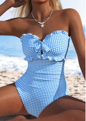Gingham Print Bowknot Light Blue One Piece Swimwear