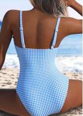 Gingham Print Bowknot Light Blue One Piece Swimwear