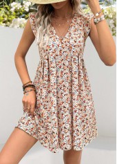 Ditsy Floral Print Pleated White Short A Line Dress