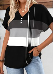 Geometric Print Tummy Coverage Black Short Sleeve T Shirt