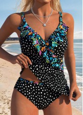 Mid Waisted Polka Dot Two-piece Black Tankini Set