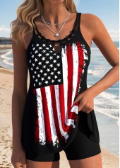 American Flag Print Lace Up Black Tankini Top-No Bottom
