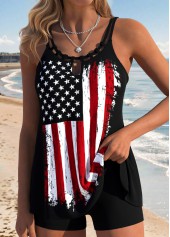 American Flag Print Lace Up Black Tankini Top-No Bottom
