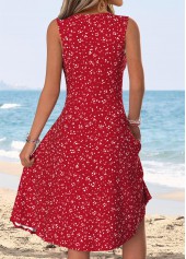 Polka Dot Shirred Red Sleeveless Round Neck Dress