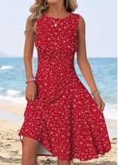 Polka Dot Shirred Red Sleeveless Round Neck Dress