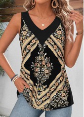 Tribal Print Patchwork Black Long Sleeve Tank Top