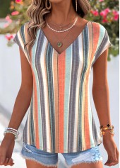 Striped Ruffle Multi Color Short Sleeve T Shirt