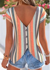 Striped Ruffle Multi Color Short Sleeve T Shirt