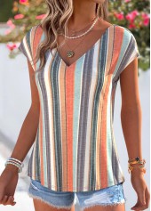 Striped Ruffle Multi Color Short Sleeve T Shirt