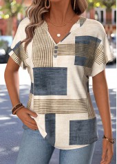 Geometric Print Tummy Coverage Light Coffee T Shirt