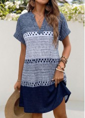 Geometric Print Patch Pocket Blue Short Split Neck Dress