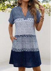 Geometric Print Patch Pocket Blue Short Split Neck Dress