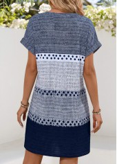 Geometric Print Patch Pocket Blue Short Split Neck Dress