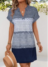 Geometric Print Patch Pocket Blue Short Split Neck Dress