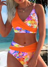 Mid Waisted Floral Print Surplice Orange Bikini Set