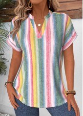 Striped Curved Hem Multi Color Short Sleeve Blouse