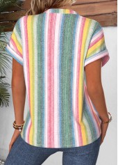 Striped Curved Hem Multi Color Short Sleeve Blouse