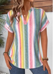 Striped Curved Hem Multi Color Short Sleeve Blouse