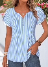 Striped Patchwork Blue Short Sleeve Split Neck T Shirt